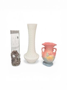3 Vintage Vases Pastel Hull Art Vase-Arthur Court Rose & bunny-Milk Glass